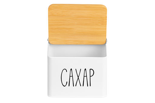 Емкость для хранения 1,5 л 14*11*11 см "Сахар" с бамбуковой крышкой, белая