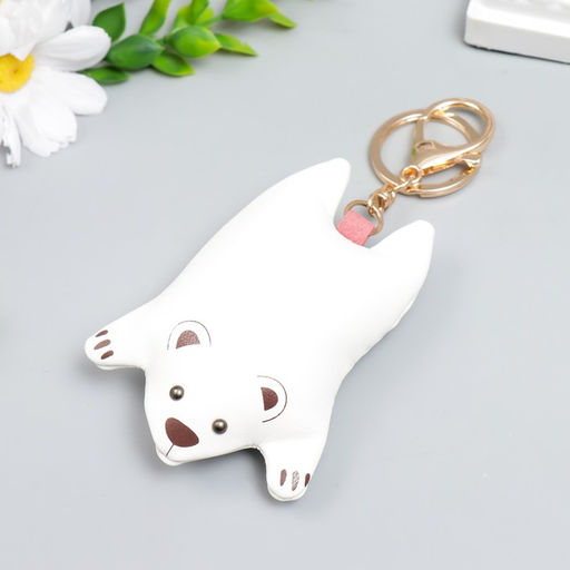 Брелок для ключей на кольце с карабином «Белый мишка - прыжок», на сумку, рюкзак,кожзам, мякиш - антистресс, 10×7 см