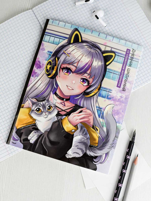 Дневник школьный арт. 69805 ДЕВОЧКА В НАУШНИКАХ / мягкий переплёт (2 скобы), А5+, 48 л., глянцевая ламинация, печать в одну краску, универсальная шпаргалка/