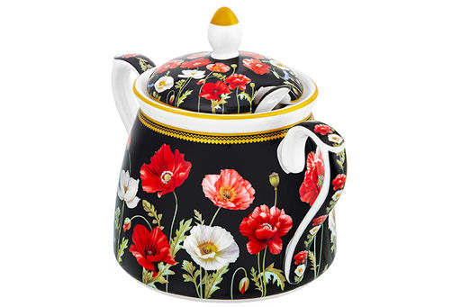 Сахарница 450 мл 15*10*11,5 см "Маки на черном" + ложка NEW BONE CHINA