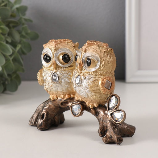 Фигурка полистоун «Совята на коряге с зеркальными листьями», 12.5×5.5×9.5 см