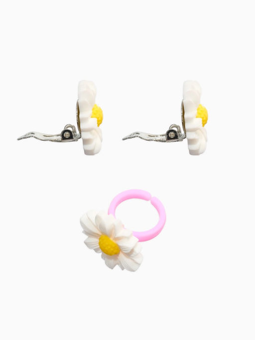 Цена за 2 шт. Набор детский "Выбражулька" 4 пред-а: бусы, серьги, браслет, кольцо б-р, цветок, желто-белый   10967