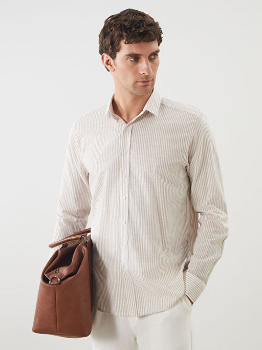 Slim Fit Uzun Kollu ?izgili Poplin Erkek G?mlek