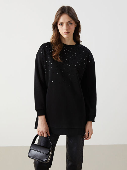 Bisiklet Yaka Ta?l? Kad?n Kal?n Sweatshirt Tunik