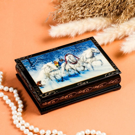 Шкатулка для украшений «Зимняя тройка коней», 10×14 см, лаковая миниатюра