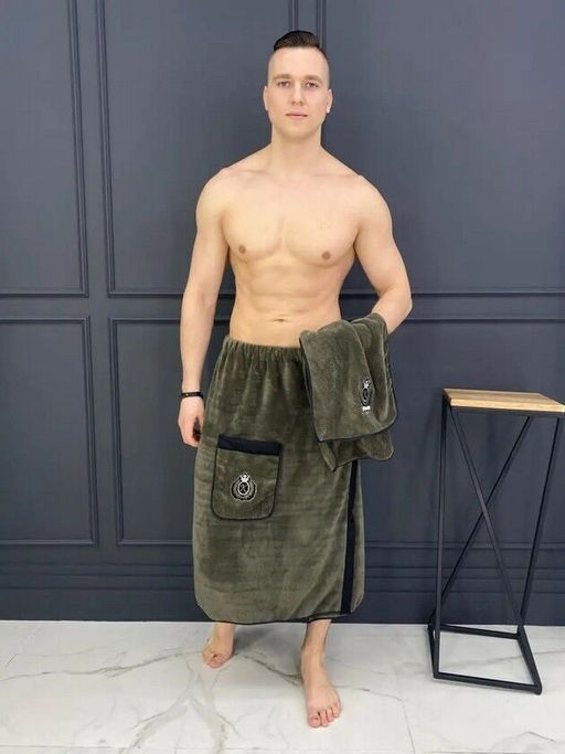 Комплект мужской с вышивкой КОРОЛЬ БАНИ-ХАКИ 2 пр. (килт+полотенце) микрофибра - Лен поволжья фото 2