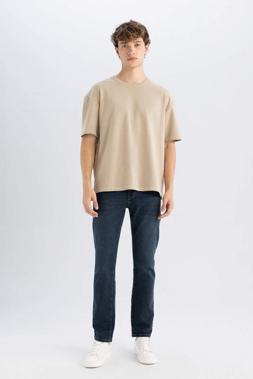 Мужская бежевая базовая футболка свободного кроя с широким вырезом и круглым вырезом из хлопка с короткими рукавами - Defacto фото 2