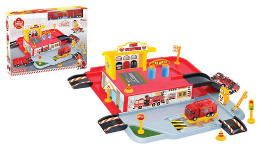 Игровой набор "Гараж. Пожарная станция" 1 уровень + 2 металл. машинки (03343) в коробке, "DeDe"