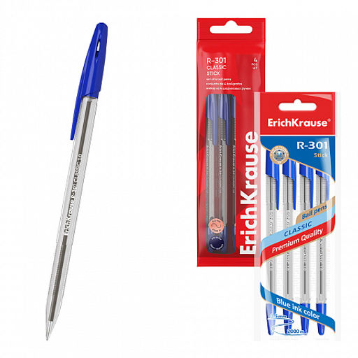 Цена за 24 шт. Набор из 4 ручек шариковых ErichKrause R-301 Stick Classic 1.0, цвет чернил: синий, черный, красный, зеленый (в пакете)