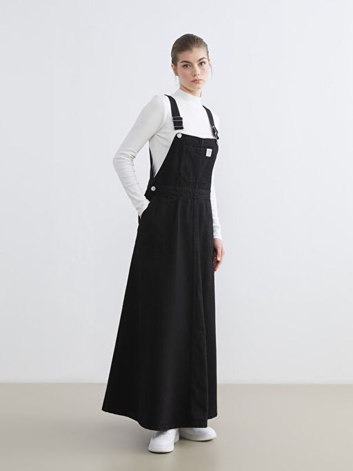 Kare Yaka D?z Ask?l? Kad?n Jean Salopet Elbise