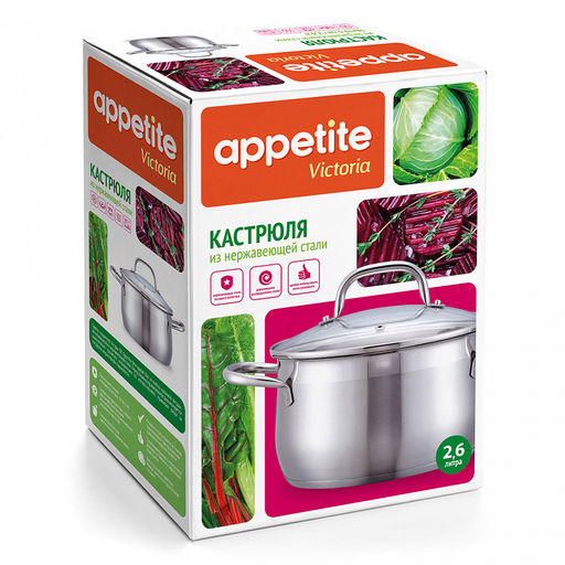 Кастрюля из нержавеющей стали Victoria 2,6л, д16,5см, h11см, s0,5мм, дно s3мм, стеклянная крышка, цветная коробка, Appetite (Китай) Подходит для всех видов плит, включая индукционную. - Домашняя мода фото 5