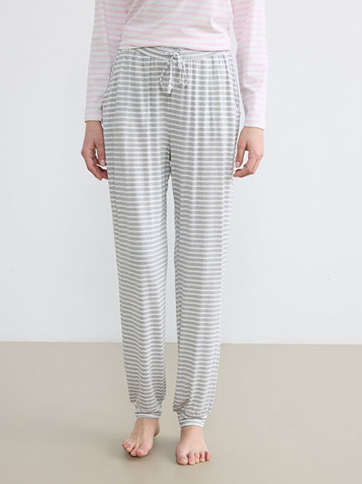 Beli Lastikli ?izgili Kad?n Jogger Pijama Alt?