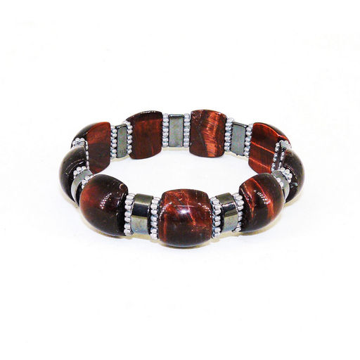 Браслет из бычьего глаза и гематита (на резинке) 18 см ширина 1.3 см