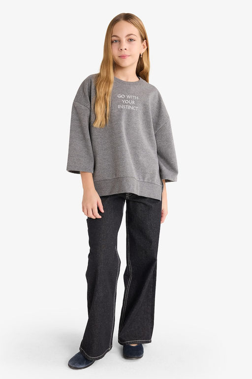 Oversize Geni_ Kal_p Bisiklet Yaka Bask_l_ Sweatshirt K_z _ocuk - Defacto фото 2