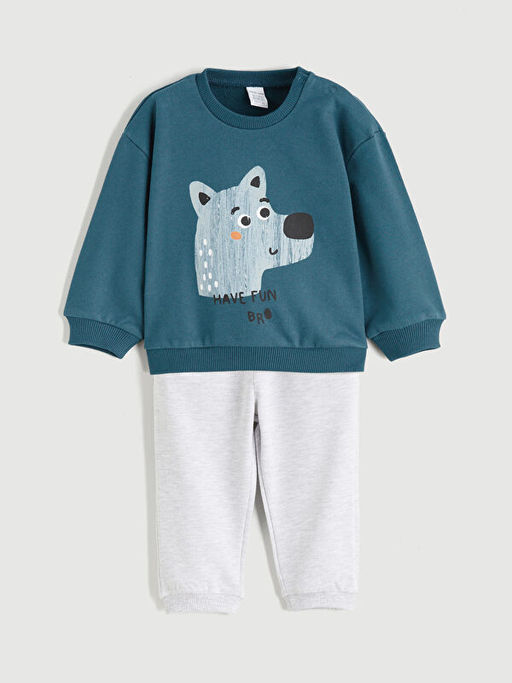 Uzun Kollu Bask?l? Erkek Bebek Sweatshirt ve Pantolon Tak?m 2li