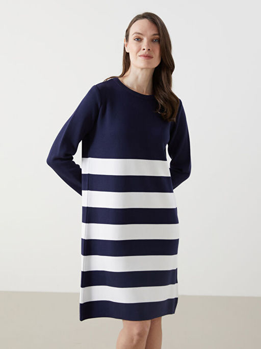 Bisiklet Yaka Renk Bloklu Kad?n Triko Elbise