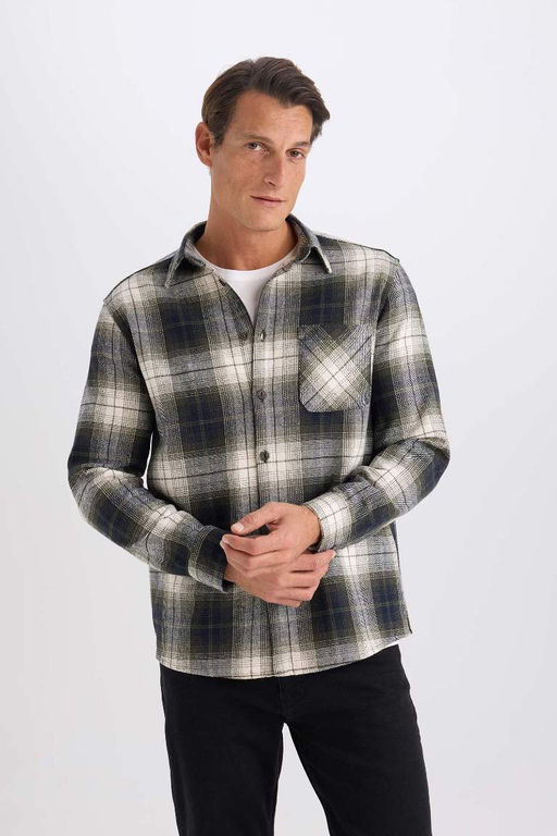 Фланелевая рубашка стандартного кроя с воротником поло и длинными рукавами в клетку - Defacto фото 7