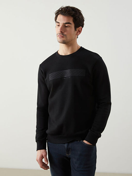 Bisiklet Yaka Bask?l? Erkek Kal?n Sweatshirt