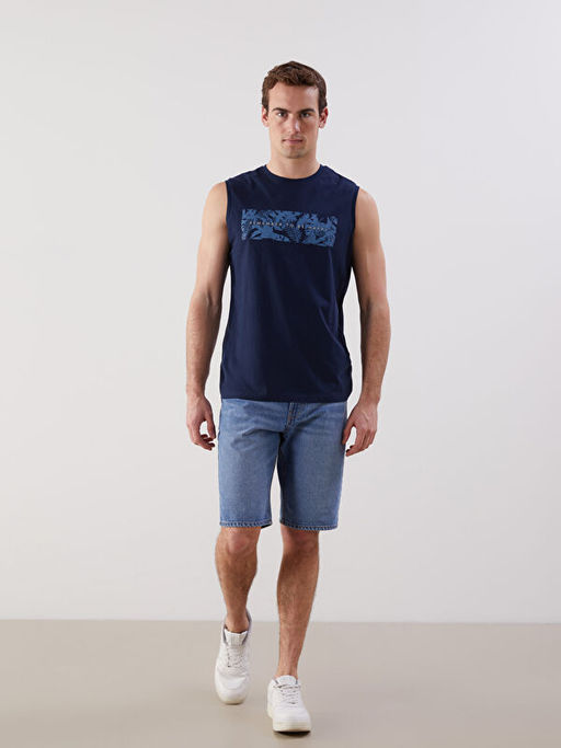 Bisiklet Yaka Bask?l? Erkek Kolsuz Ti??rt