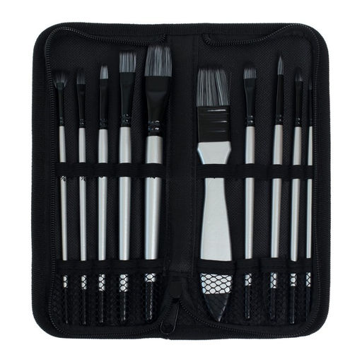 Набор кистей для рисования, синтетика, 10 штук: № 2/0, 1/4, 6, 12, 3/4, 8, 6, 4, 1, круглые, плоские, в пенале на молнии, международный размер