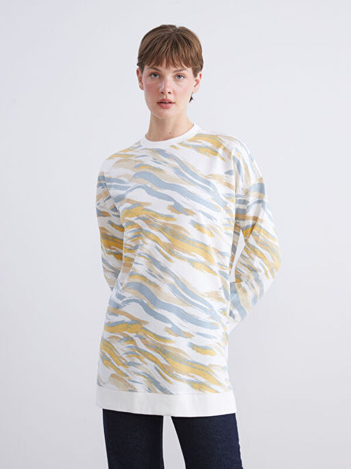B?y?k Beden Bisiklet Yaka Desenli Kad?n Sweatshirt Tunik