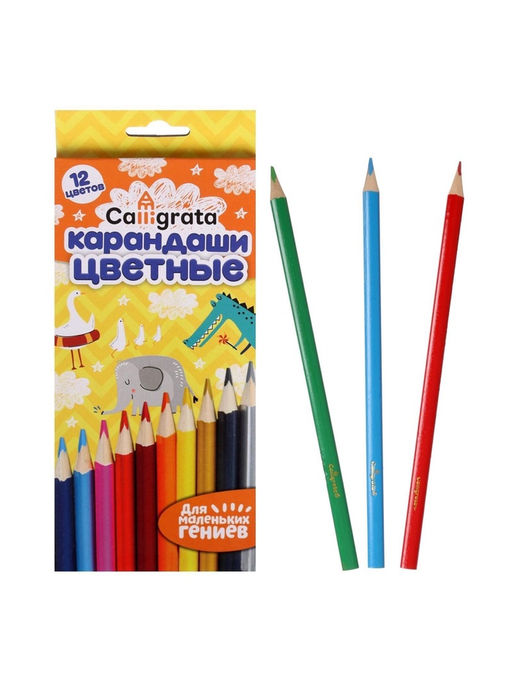 Карандаши Calligrata цветные, 12 цветов, деревянные, трёхгранные, в картонной коробке