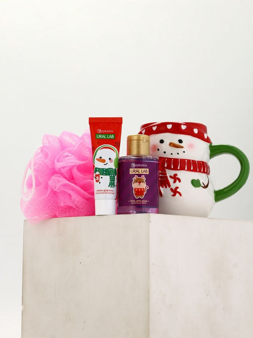 Подарочный набор новогодний Снеговик, гель для душа, кружка, мочалка и крем для рук, URAL LAB