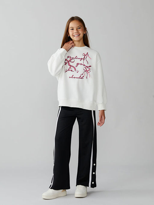 Fiyonk Bask?l? K?z ?ocuk Kal?n Sweatshirt