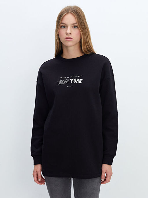 Bisiklet Yaka Bask?l? Oversize Kad?n Sweatshirt