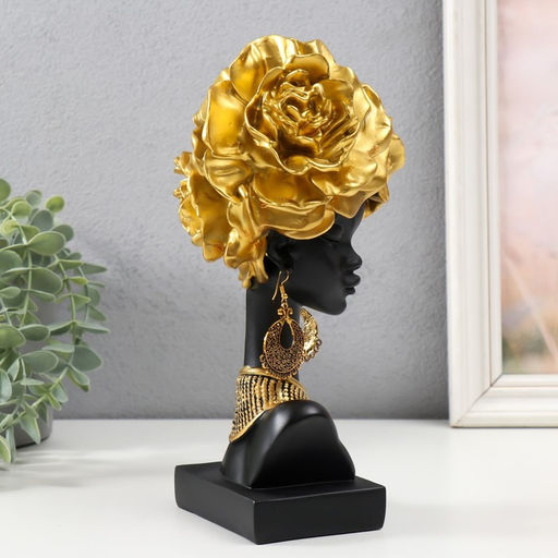 Фигурка полистоун «Бюст. Африканка с золотыми розами в волосах, с ожерельем», чёрный, 24×10×11 см