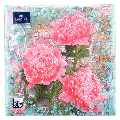 Салфетки бумажные "Art Bouquet" 33х33см, 3-х слойные, 20 штук в упаковке, 100% целлюлоза, "Пионы" (Россия)