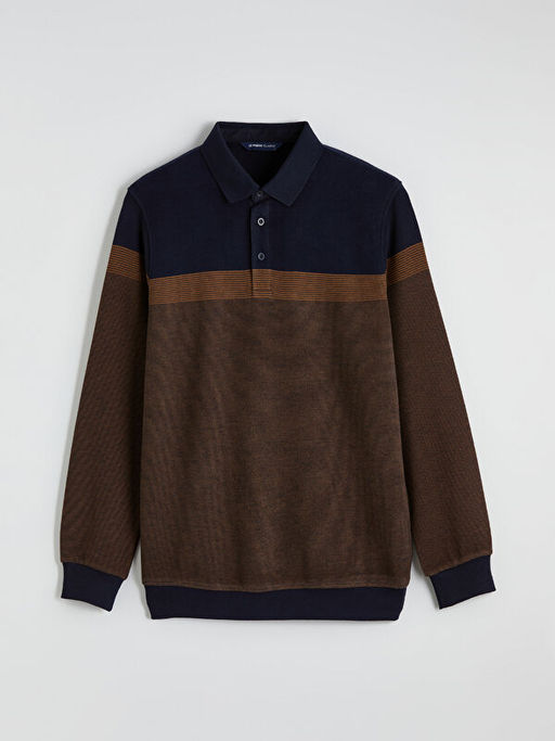 Polo Yaka Renk Bloklu Erkek Sweatshirt