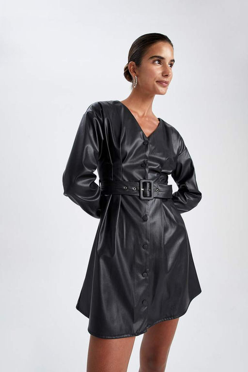 Мини-платье из искусственной кожи с V-образным вырезом и длинными рукавами - Defacto фото 7