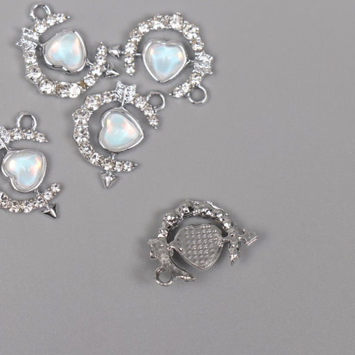 Цена за 5 шт. Декор для творчества металл, стразы «Сердце в месяце», серебро, 2×1.5×0.5 см