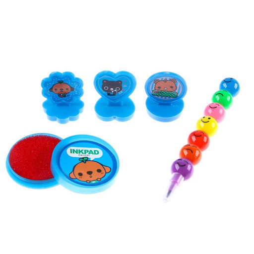 Набор для рисования: печать 3 шт., штемпельная подушка, карандаш 7 цветов, цвет голубой - Simaland фото 2