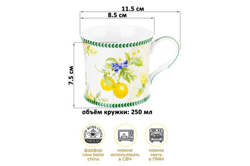 Кружка 250 мл 11,5*8,5*7,5 см "Лимоны" NEW BONE CHINA