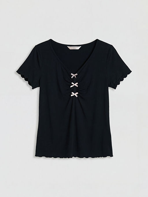 V Yaka Fiyonklu Kad?n ?ortlu Pijama Tak?m?