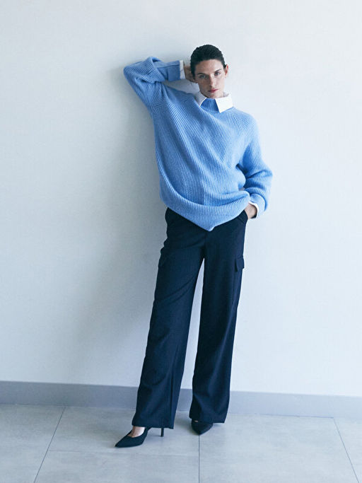 Dar Fit ?izgili Geni? Pa?a Kad?n Kargo Pantolon