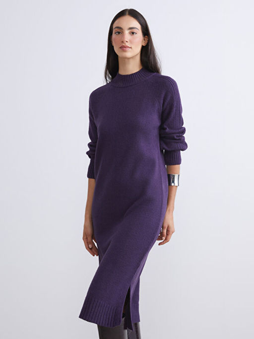 Yar?m Bal?k?? Yaka Y?rtma?l? Triko Elbise