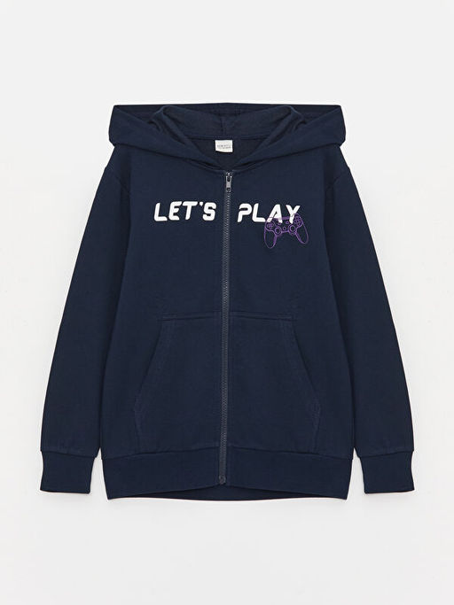 Kap??onlu Bask?l? Uzun Kollu Erkek ?ocuk Fermuarl? Sweatshirt