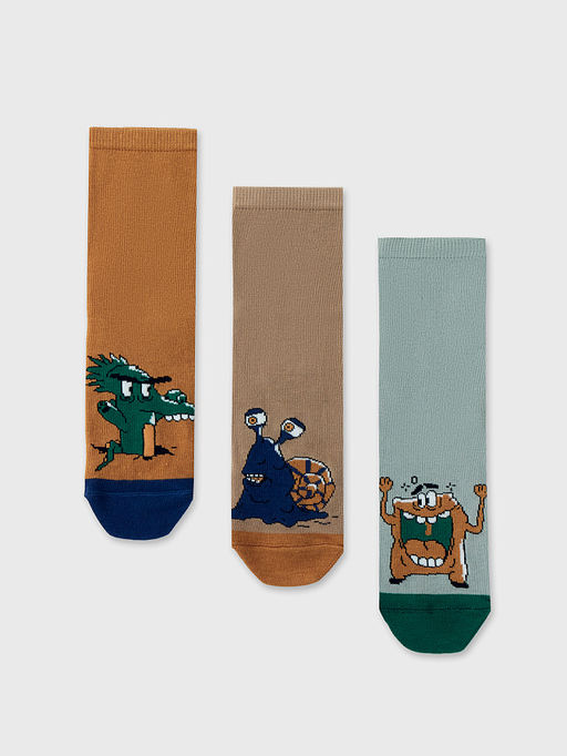 Носки детские мультипак (3 пары) коричнево-зеленые с рисунком в виде монстриков - Mark formelle фото 4