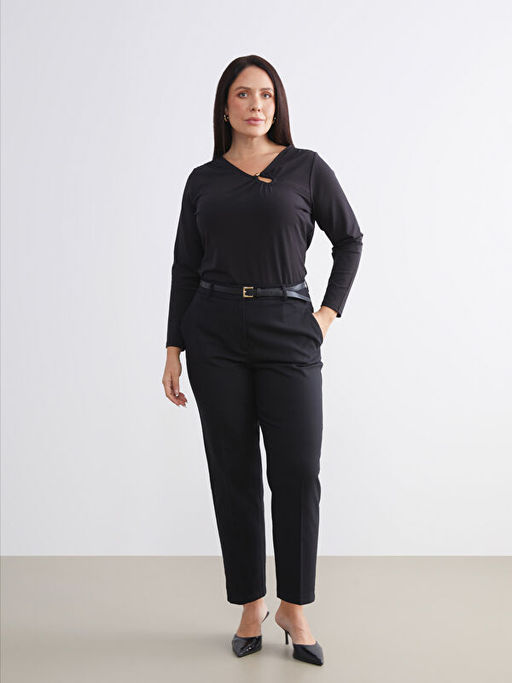 B?y?k Beden Beli Kemerli Kad?n Cigarette Pantolon