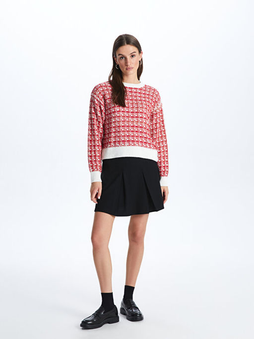 Bisiklet Yaka Desenli Uzun Kollu Kad?n Triko Kazak