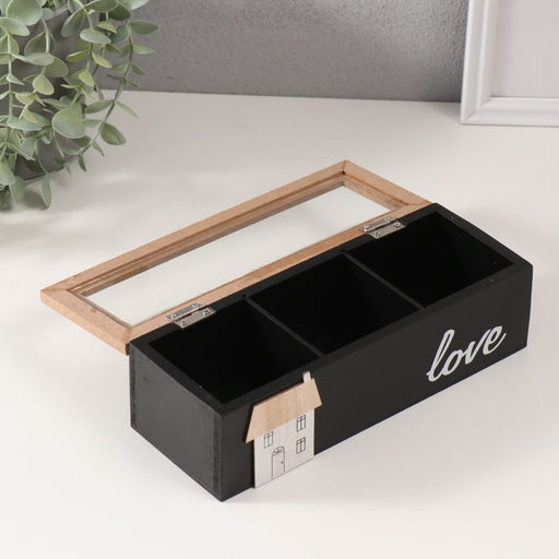 Шкатулка для чая с делениями «Домик», дерево, чёрная, 23.7×9.5×7.5 см