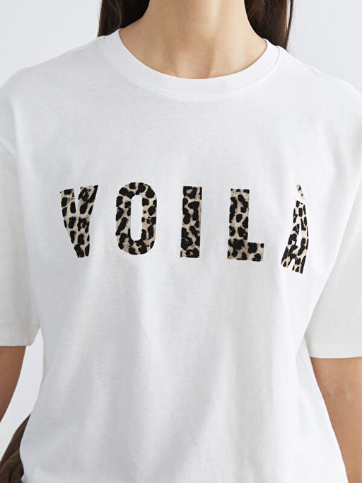 Bisiklet Yaka Bask?l? Oversize Kad?n Ti??rt