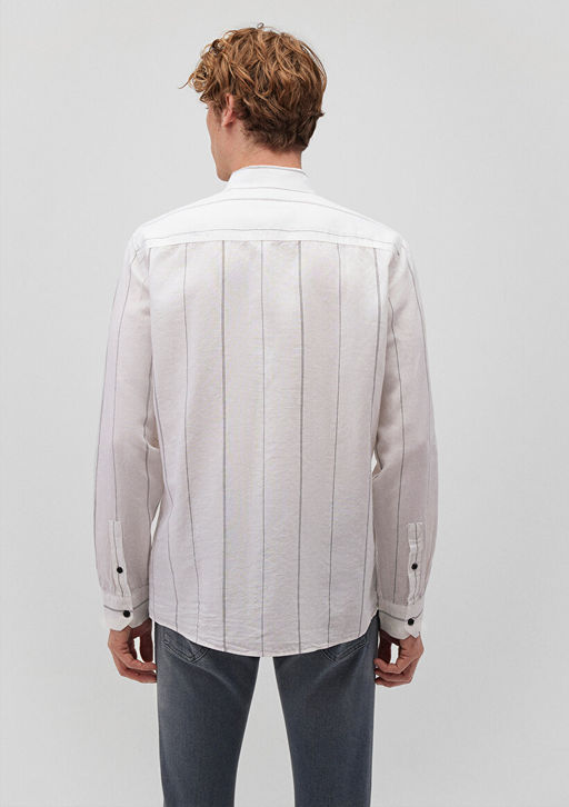 Cizgili Beyaz Gomlek - Mavi фото 4