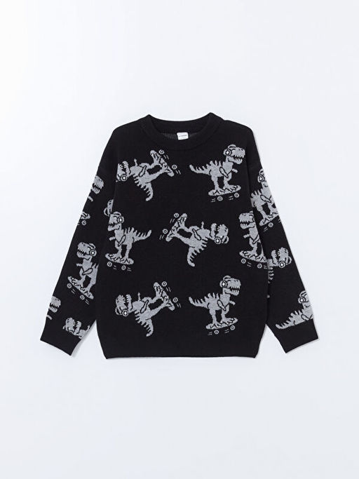 Bisiklet Yaka Bask?l? Erkek ?ocuk Triko Kazak