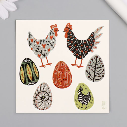 Цена за 3 шт. Переводные тату цветные Курочки и яйца. Стилизация, временные татуировки, 10?10 см
