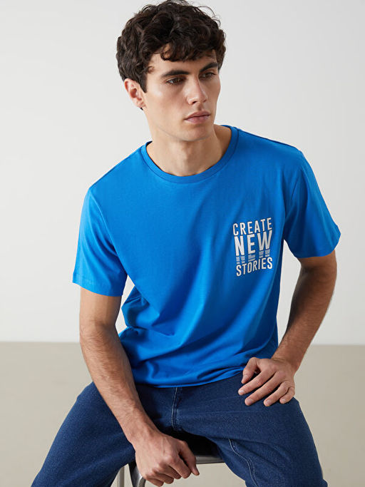 Bisiklet Yaka K?sa Kollu Bask?l? Penye Erkek Ti??rt