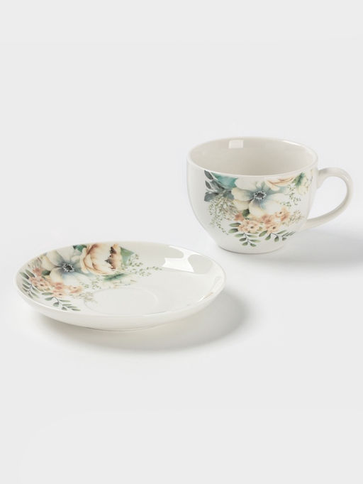Чайная пара Доляна Цветы, 2 предмета: чашка, 250 мл, блюдце d=15 см, фарфор, белая